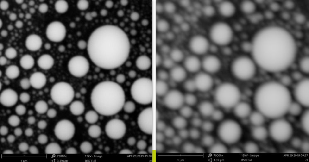 錫球，掃描電鏡放大倍數是 79000 倍，左邊圖像無像散，右邊圖像有像散