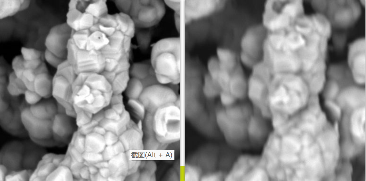 電極材料，掃描電鏡放大倍數 50000 倍，左邊圖像無像散，右邊圖片有像散